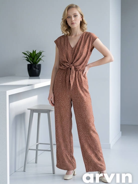Gigio Pants - Light Brown Animal Print Wide Leg Romper/Jumpsuit
